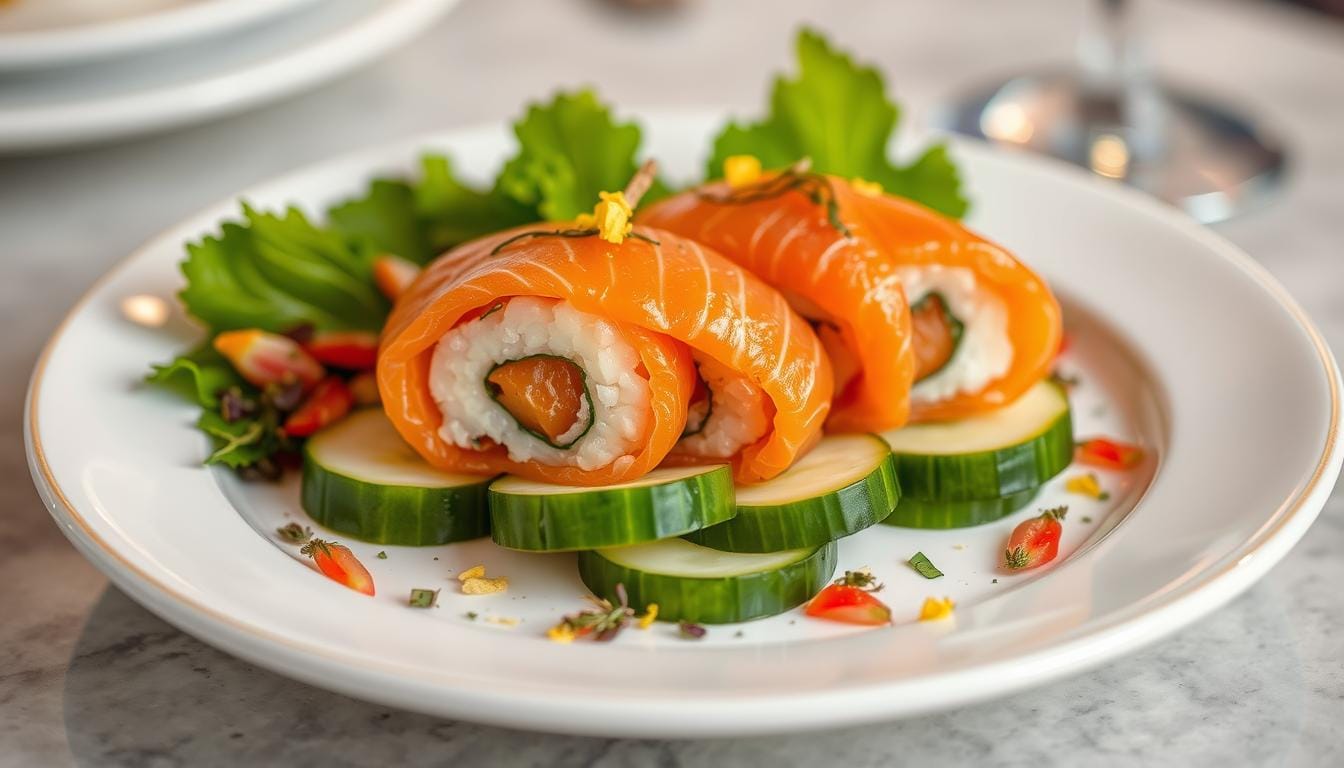 chatelaine smoked salmon roll on cucumber