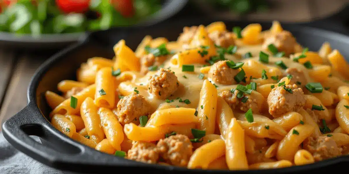 one-skillet cheesy ground chicken pasta recipe