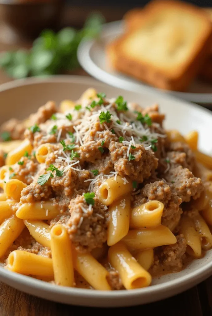 Creamy Ground Beef Pasta with Garlic & Italian Seasoning