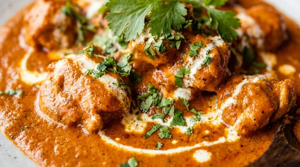 butter chicken on a white ceramic plate