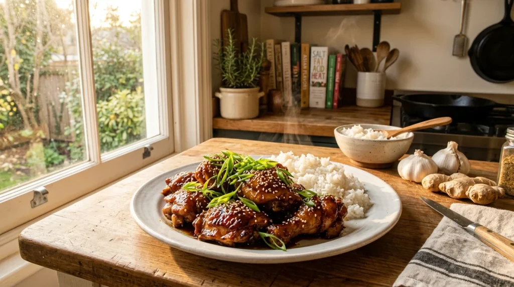 honey garlic chicken glistening on a white ceramic plate