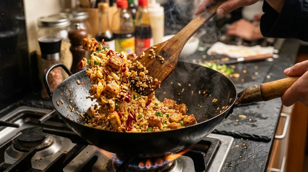 Garlic chili crispy tofu fried rice sizzling