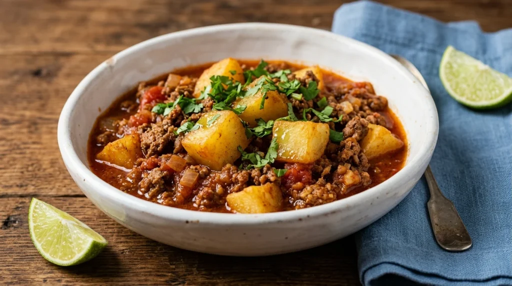 Mexican picadillo in a white ceramic bowl