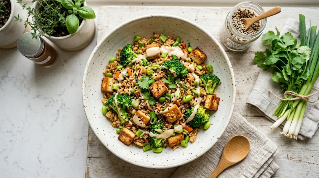 Sesame broccoli tofu fried rice