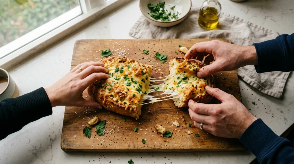 cheesy garlic bread Presenting