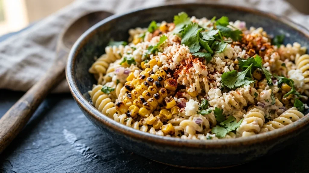 creamy street corn pasta salad in a deep ceramic bowl