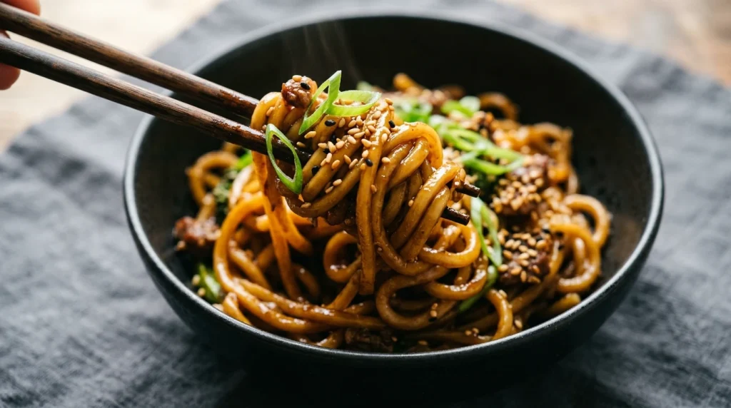 glossy Mongolian noodles twirled