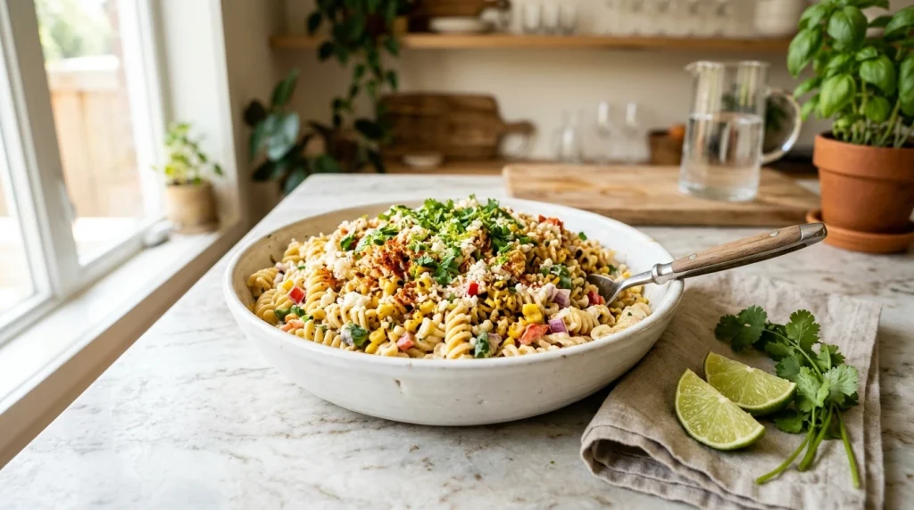 large white ceramic serving bowl filled with creamy street corn pasta salad