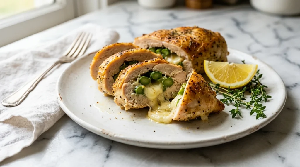 sliced asparagus stuffed chicken breast