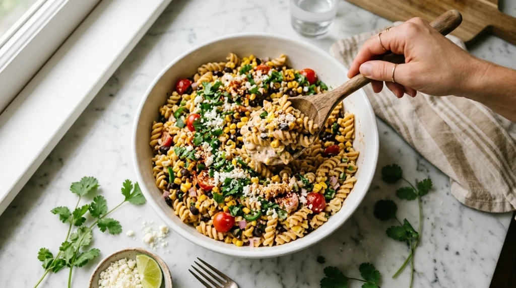 street corn pasta salad finished