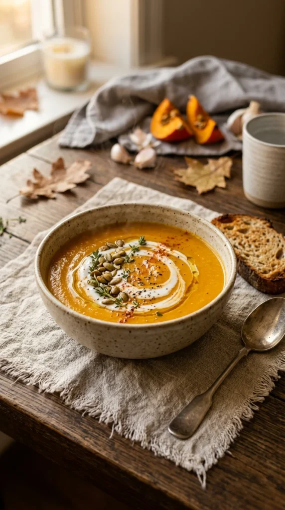 Vegan pumpkin soup with bread