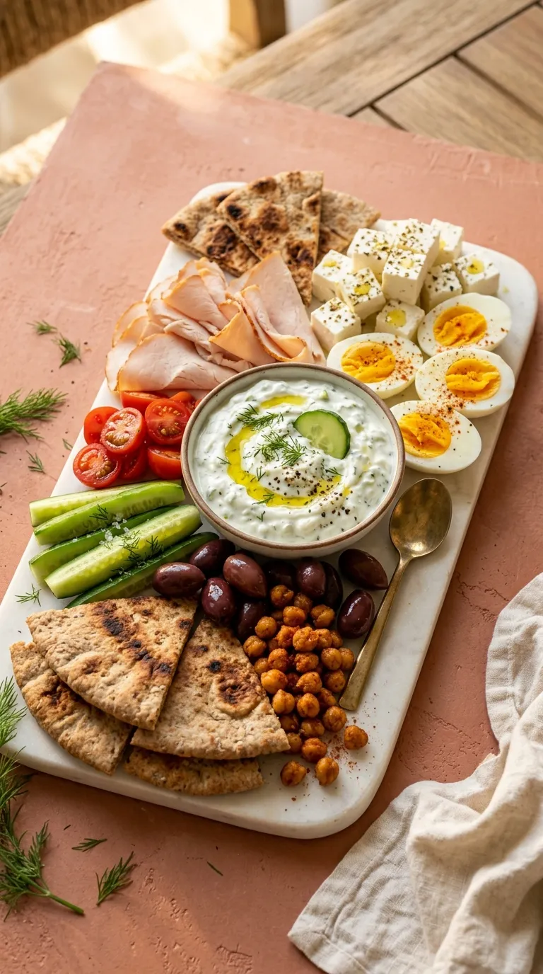aesthetic high protein snack ideas Greek Mezze Board