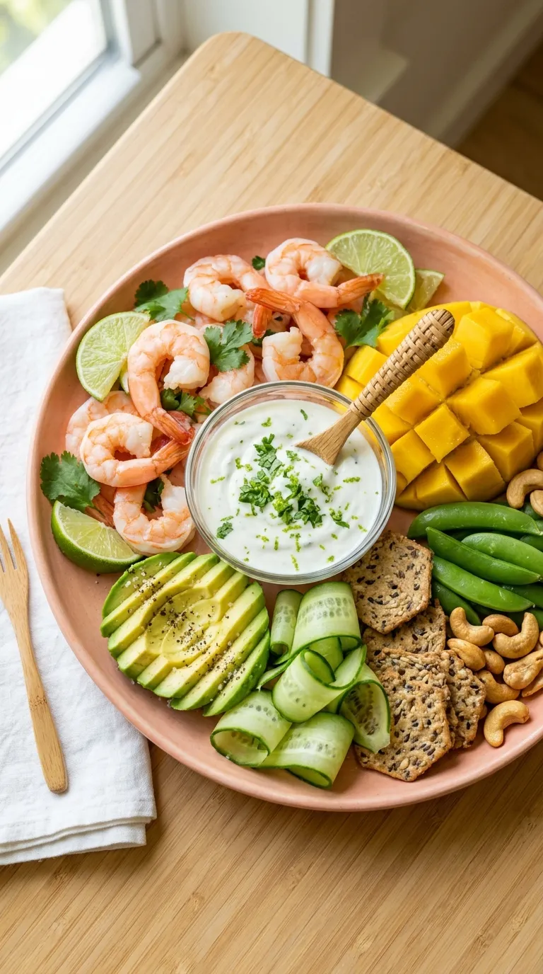 aesthetic high protein snack ideas Shrimp Mango Board