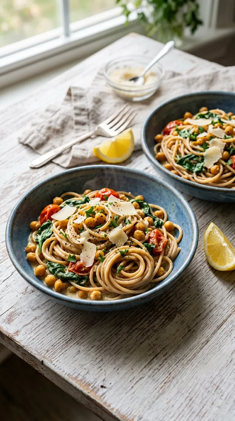 healthy meals for two on a budget Chickpea Spinach Pasta