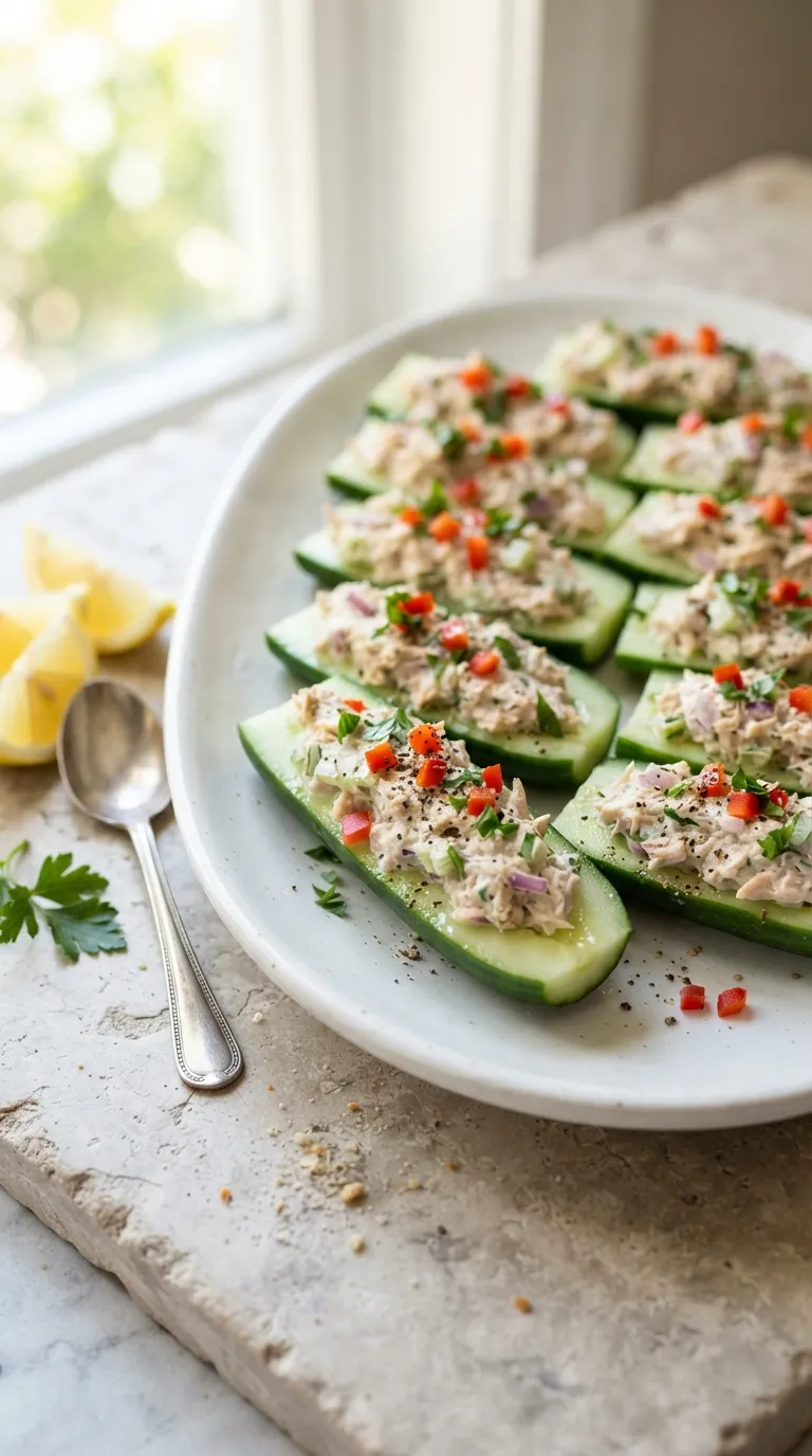 high protein snacks for kids Tuna Cucumber Boats