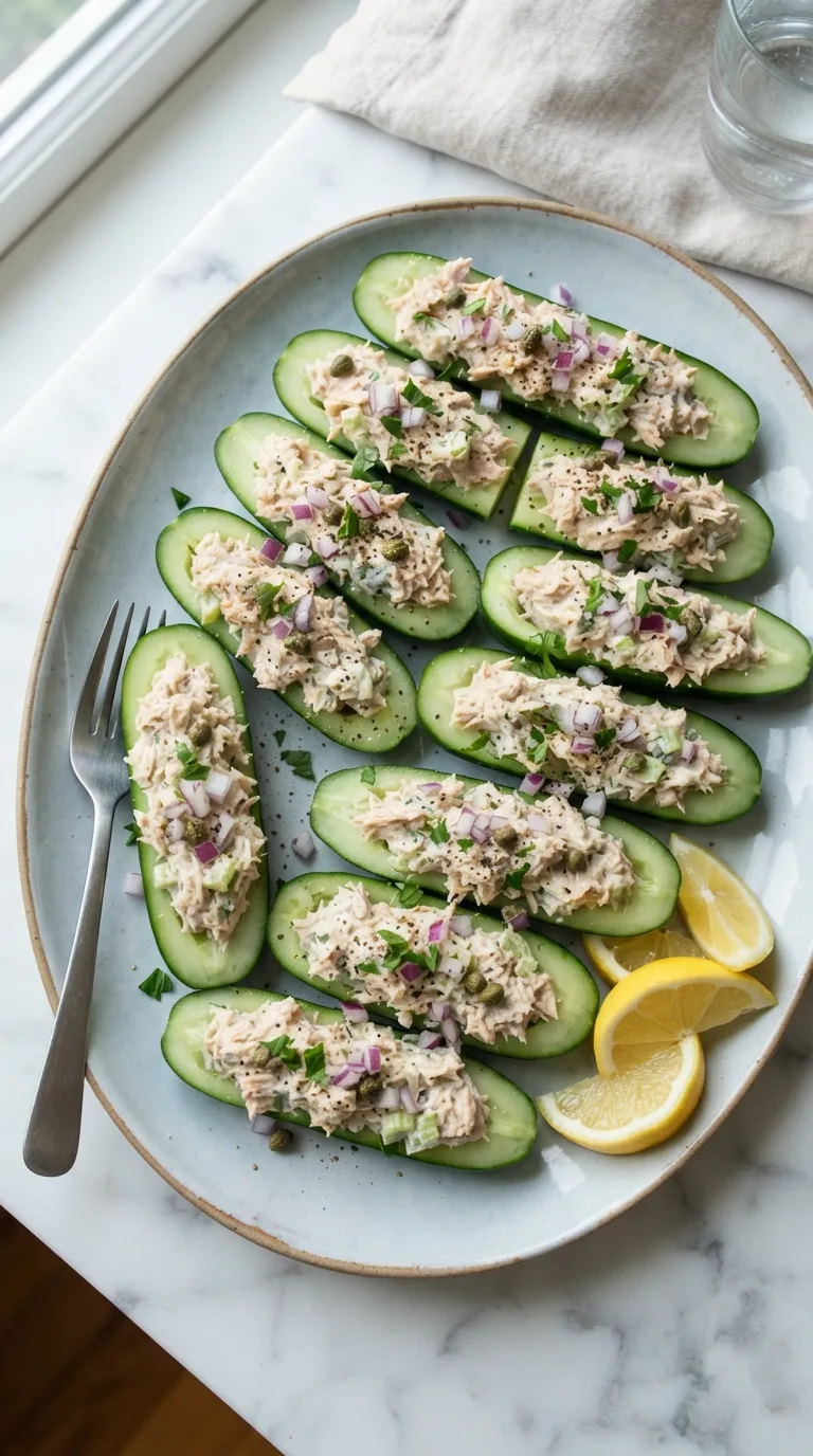 high protein snacks for muscle building Tuna Cucumber Boats