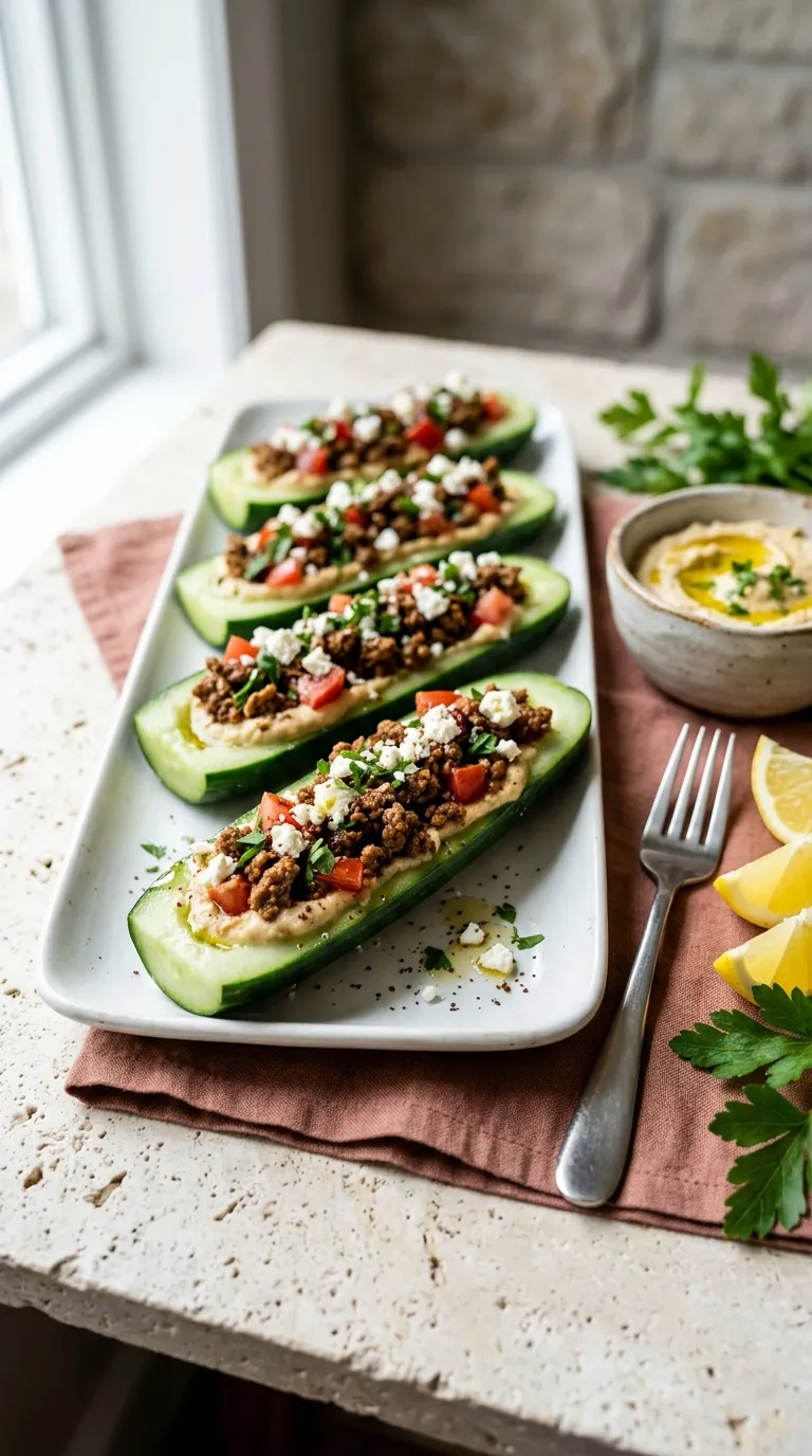 high protein snacks for work desk Beef Hummus Cucumber Boats