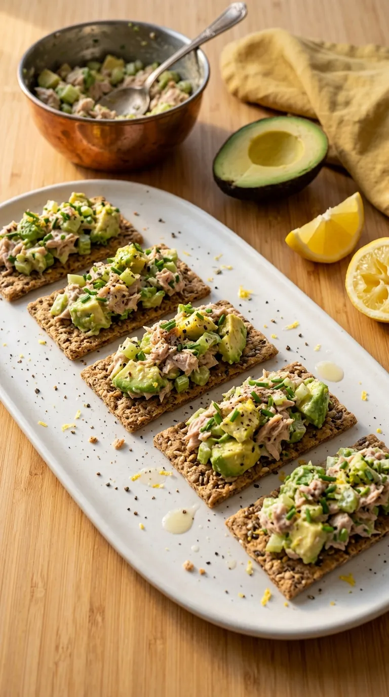 high protein snacks for work desk Tuna Avocado Crackers