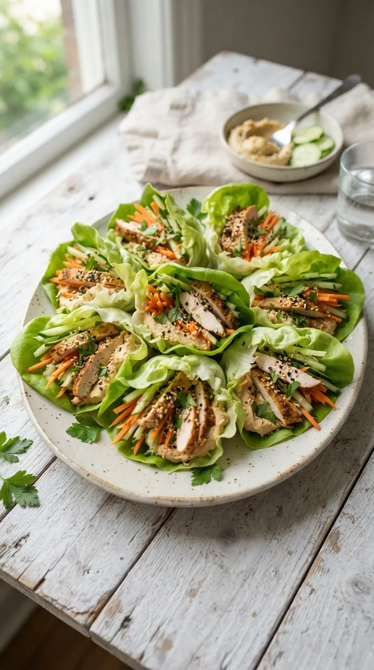 no cook high protein snacks Chicken Hummus Lettuce Wraps