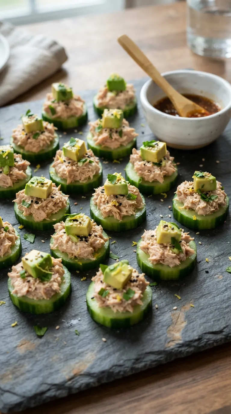 no cook high protein snacks Tuna Avocado Cucumber Bites