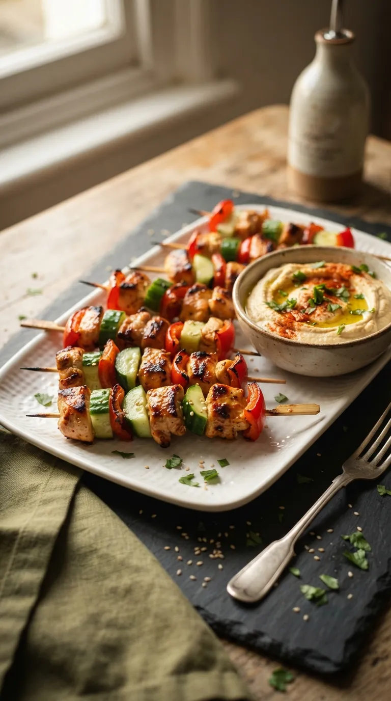 high protein snacks for school lunch Chicken Hummus Skewers